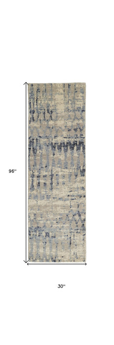 8' Wool Abstract Hand Knotted Runner Rug - Gray Blue And Ivory