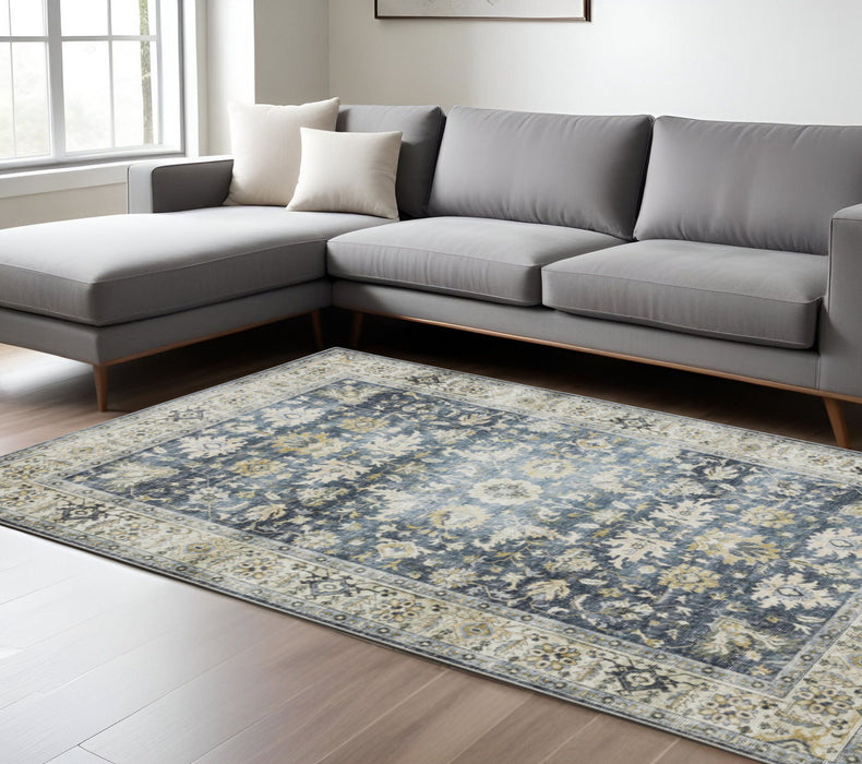 7' x 10' Oriental Printed Stain Resistant Non Skid Area Rug - Blue Gold Green And Ivory