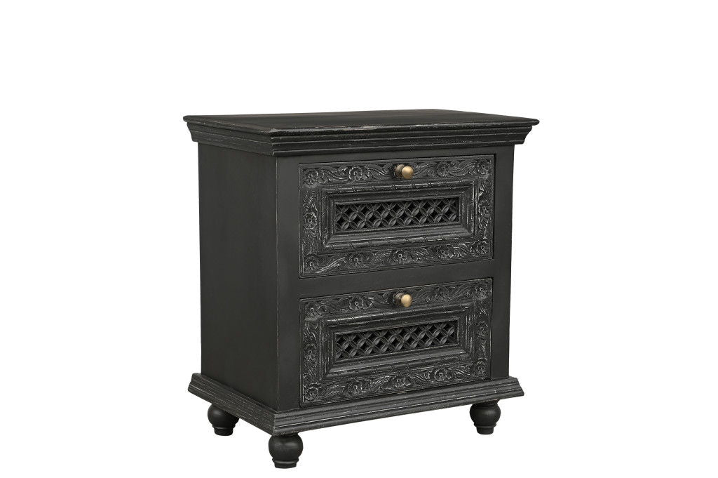 Solid Wood Square Distressed Carved Floral Two Drawer Nightstand - Black