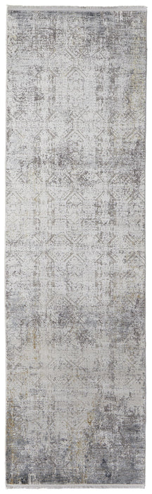 10' Abstract Power Loom Distressed Runner Rug With Fringe - Ivory