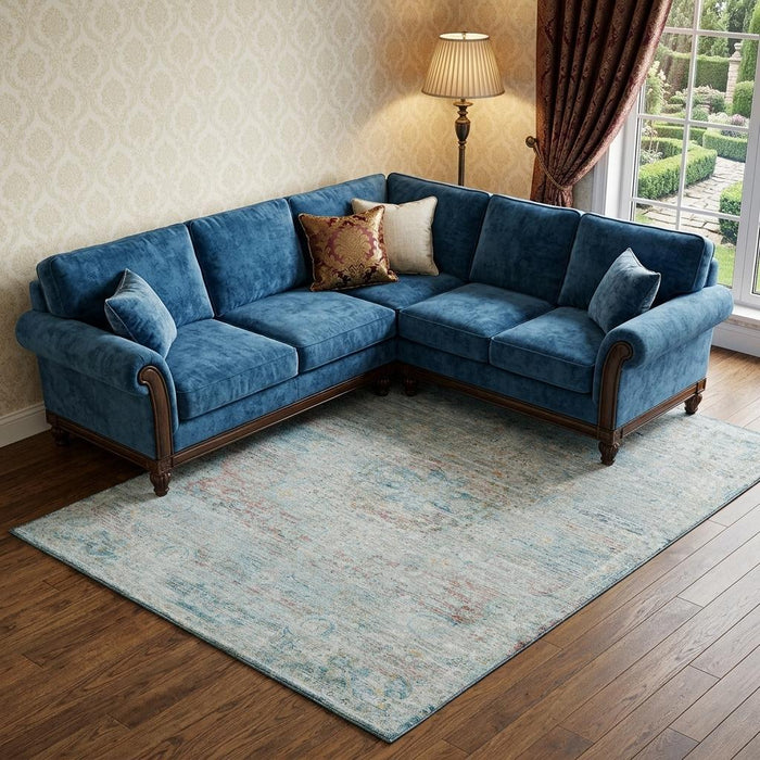 10' X 14' Floral Medallion Washable Area Rug With UV Protection (695582) - Sky Blue / Teal / Blush