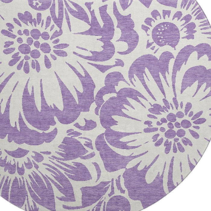 8' Floral Washable Round Rug With UV Protection (648691) - Purple / Ivory