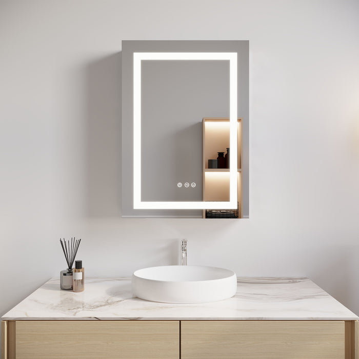 Giga bathroom medicine cabinet with LED mirror, anti-fog, waterproof design, single door, touch switch, adjustable 3000K-6000K light.