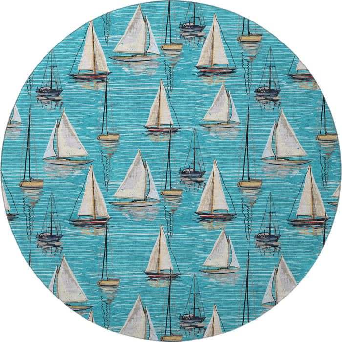 8' Nautical Washable Round Rug With UV Protection - Teal Blue