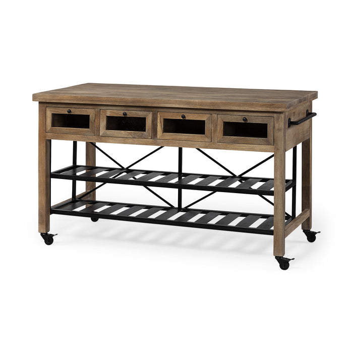 Solid Wood Top Kitchen Island With Two Tier Metal Rolling - Brown