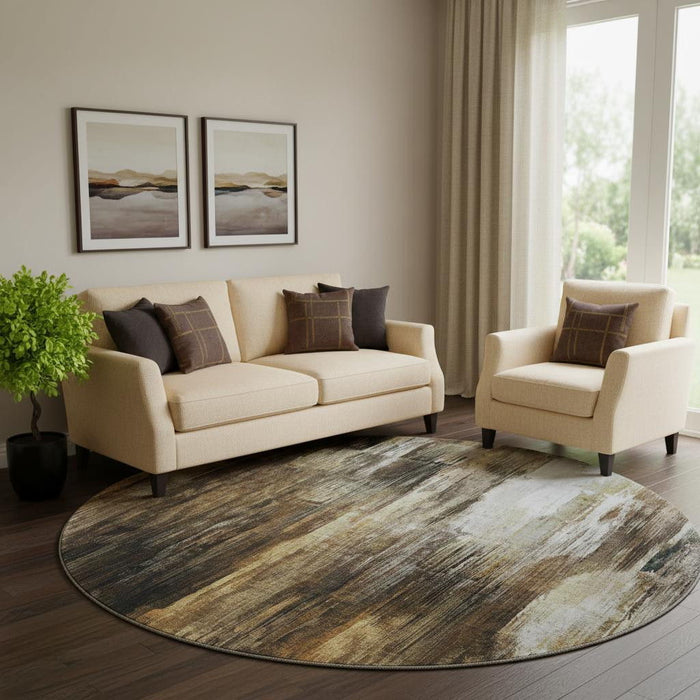 8' Abstract Washable Round Rug With UV Protection (649597) - Chocolate / Gray / Ivory