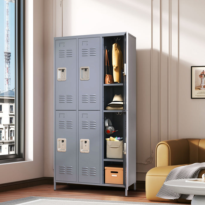 Gray Giga 6-door storage lockers with locks, ideal for employees, home, gym, office, school, or garage use.