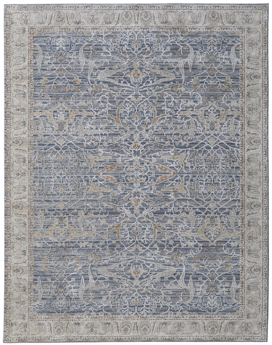 9' x 13' Ikat Power Loom Worn Faded Area Rug With Fringe - Taupe And Blue