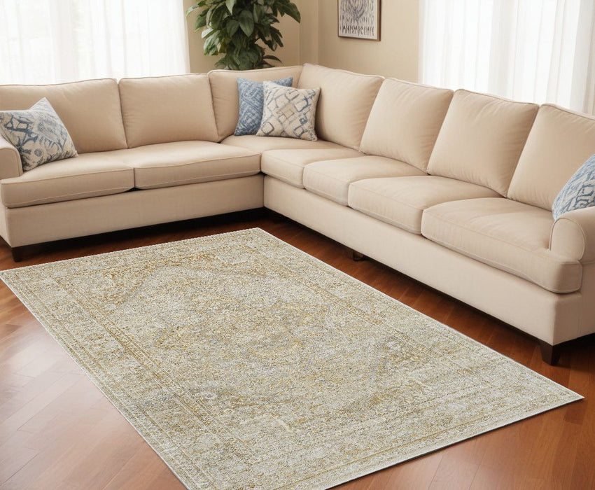 10' x 13' Floral Stain Resistant Area Rug - Ivory And Gold