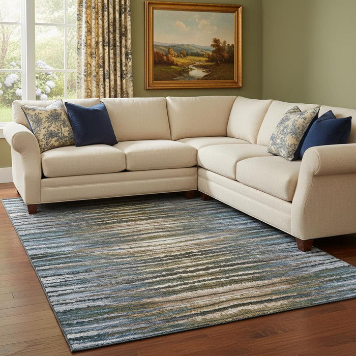 9' X 12' Striped Washable Area Rug With UV Protection (650985) - Blue / Brown / Gray