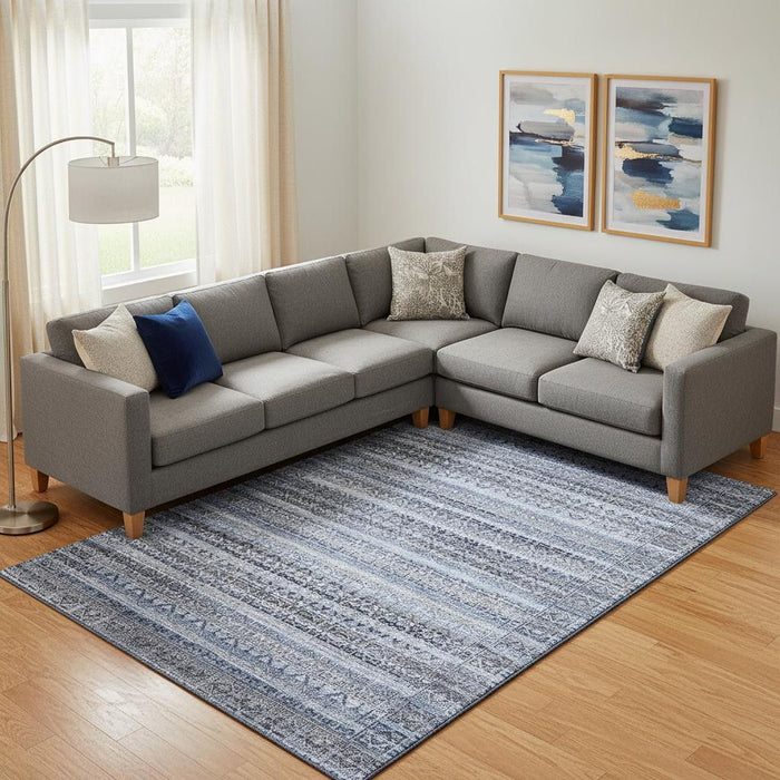 10' X 14' Striped Washable Area Rug With UV Protection (717827) - Blue / Charcoal