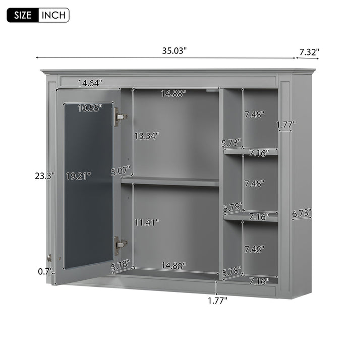 Giga wall-mounted medicine cabinet with mirror, open shelves, and adjustable interior storage for bathroom organization