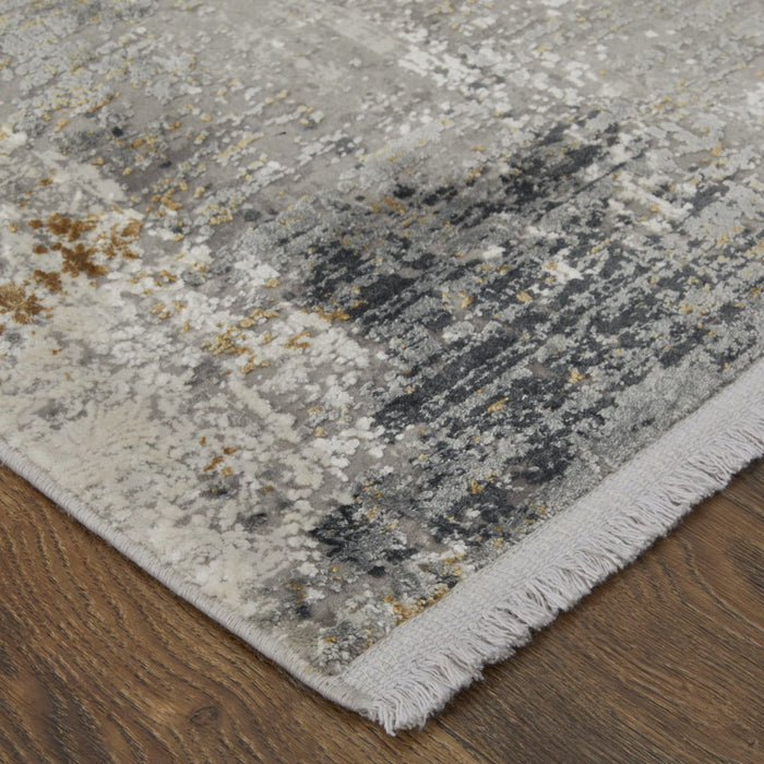 12' X 18' Abstract Power Loom Distressed Area Rug With Fringe - Ivory
