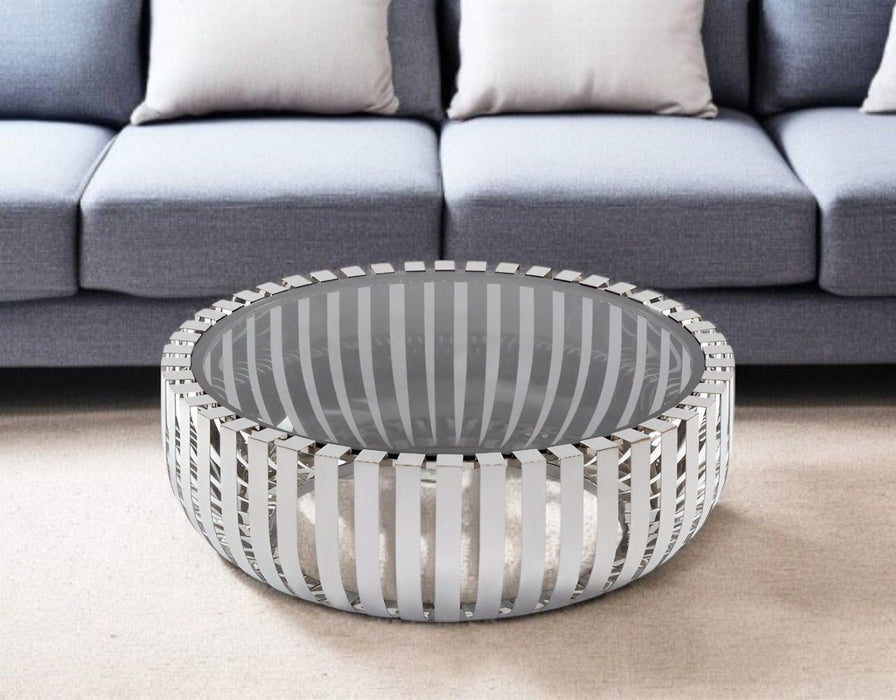 Glass And Stainless Steel Round Coffee Table - Gray