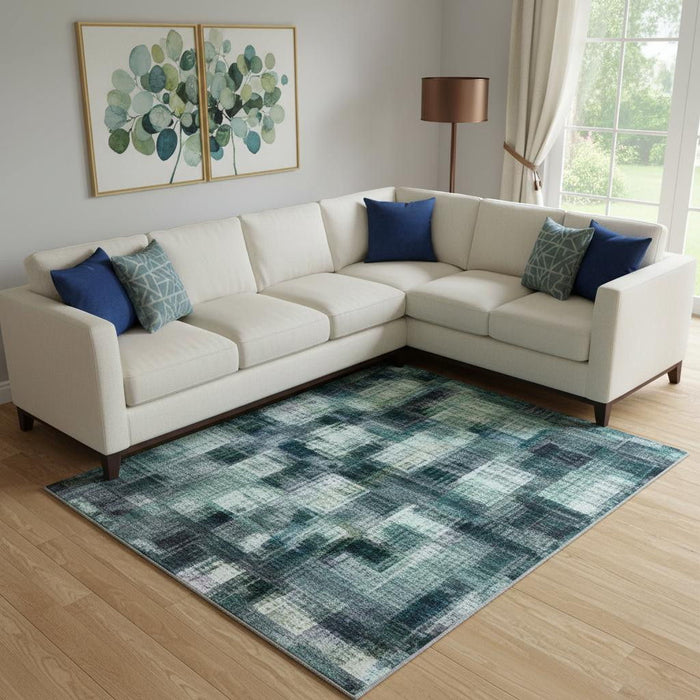 10' X 14' Geometric Washable Area Rug With UV Protection (710622) - Teal / Ivory / Gray