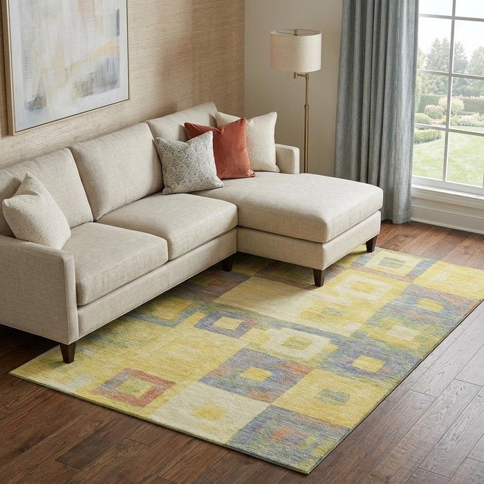 10' X 14' Geometric Washable Area Rug With UV Protection (686711) - Yellow / Orange / Purple / Ivory