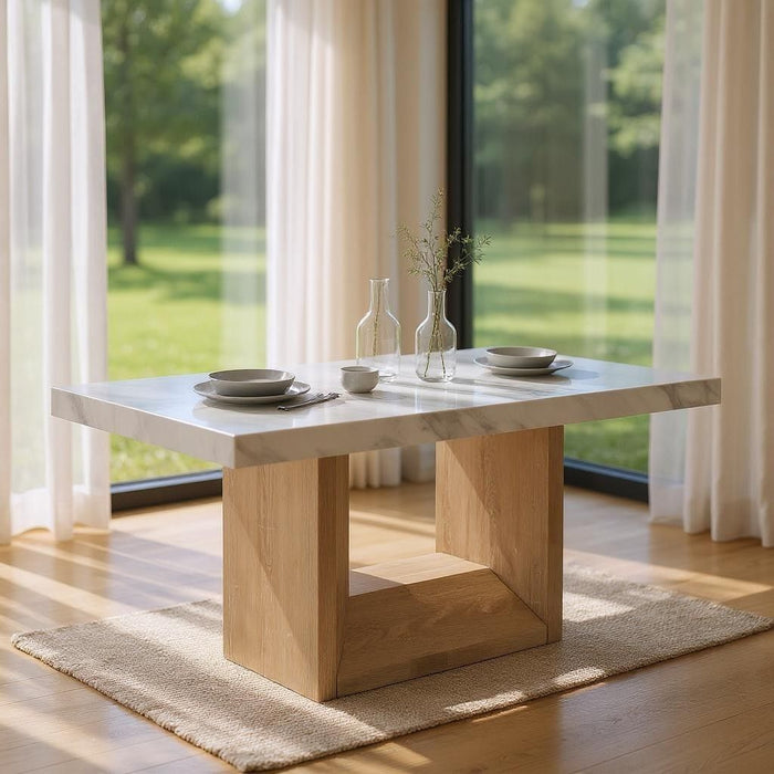 70" Faux Marble And Wood Pedestal Base Dining Table - White