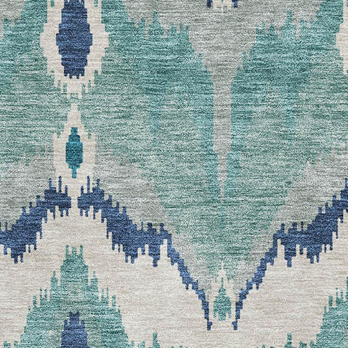 10' X 14' Ikat Washable Area Rug With UV Protection - Teal And Ivory