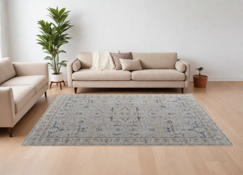 9' x 12.7' Ikat Power Loom Worn Faded Area Rug With Fringe - Gray Blue And Red