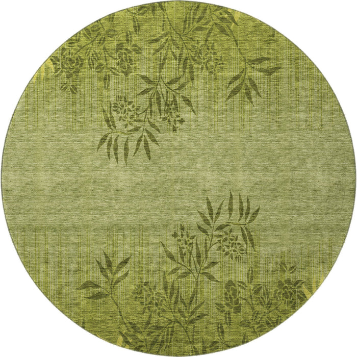 8' Floral Washable Round Rug With UV Protection (655659) - Olive Green / Gold