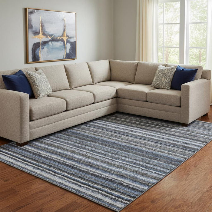 10' X 14' Striped Washable Area Rug With UV Protection (650782) - Blue / Gray