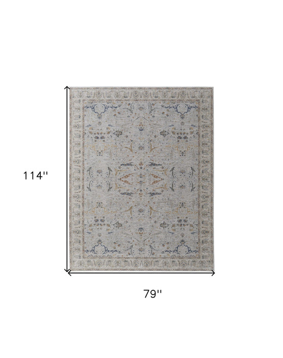 6.6' x 9.5' Ikat Power Loom Worn Faded Area Rug With Fringe - Gray Blue And Red