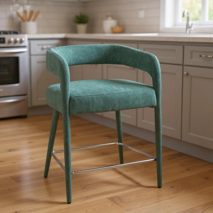 Teal blue modern metal and fabric counter height bar chair with low back, 25-inch height, by HomeRoots.