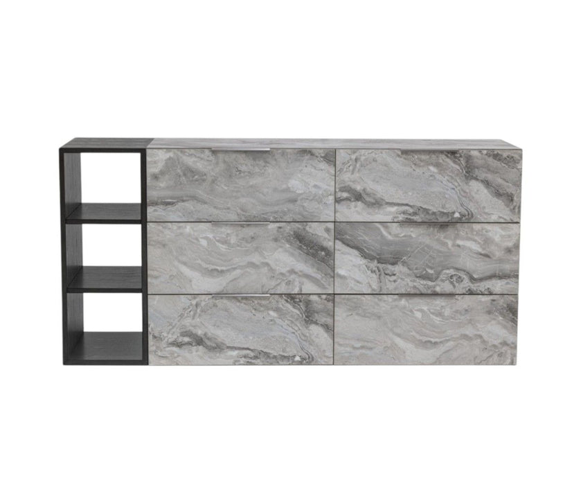 Faux Marble And Black Wood Six Drawer Double Dresser - Gray