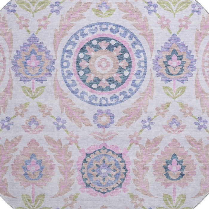 8' Transitional Floral Washable Round Rug With UV Protection - Blush