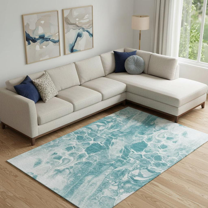 10' X 14' Abstract Washable Area Rug With UV Protection (708607) - Teal / Ivory