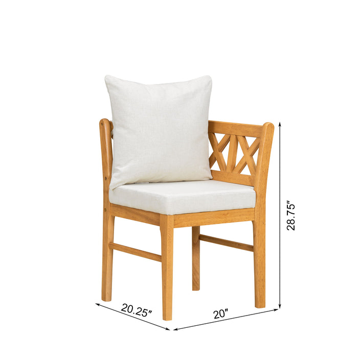 Set of two Giga farmhouse modern dining corner chairs with handwoven rattan backs and solid wood legs in natural and white finishes.