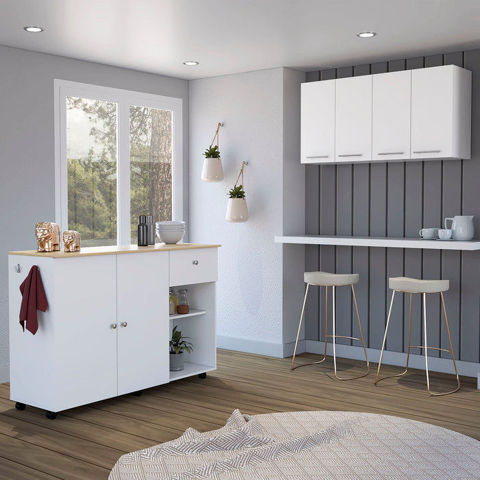 Wood Flat Door Rolling Kitchen Island Set With Storage - Oak / White