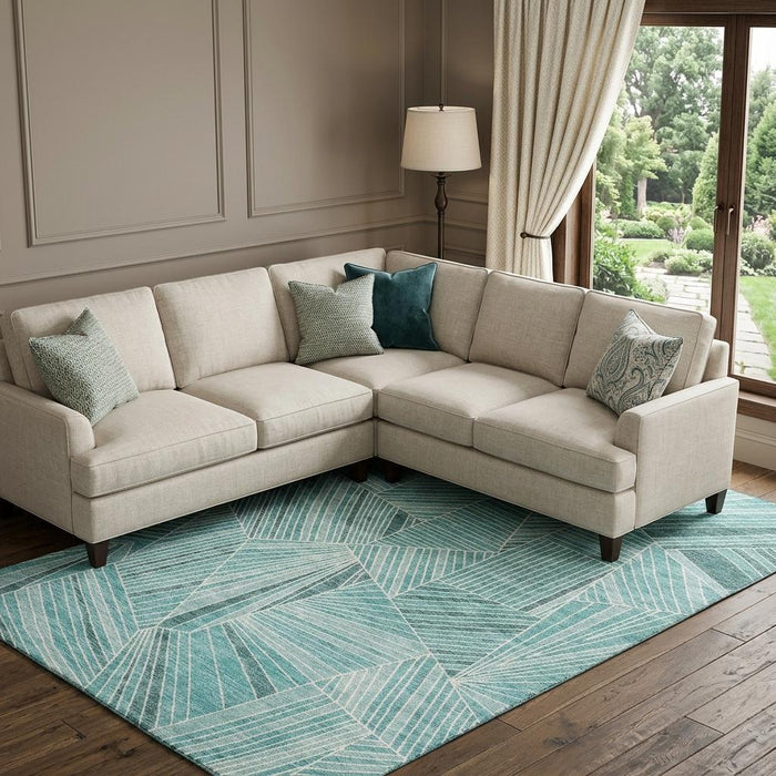 10' X 14' Geometric Washable Area Rug With UV Protection (672797) - Teal / Ivory
