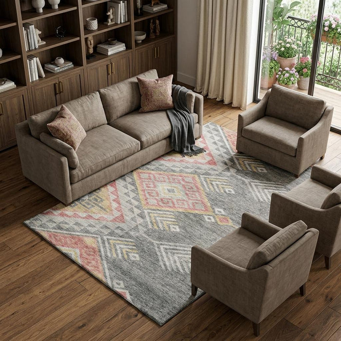 10' X 14' Geometric Washable Area Rug With UV Protection (684100) - Gray / Gold / Salmon