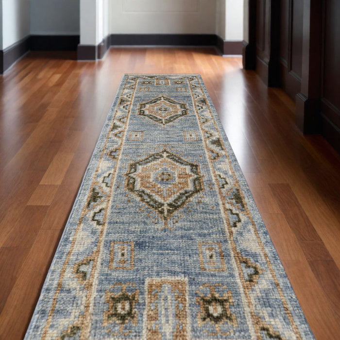 12' Wool Oriental Hand Knotted Runner Rug With Fringe - Ivory Tan And Blue
