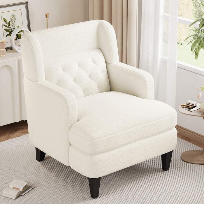 Giga upholstered accent armchair with tufted backrest, ideal for living room or bedroom decor.