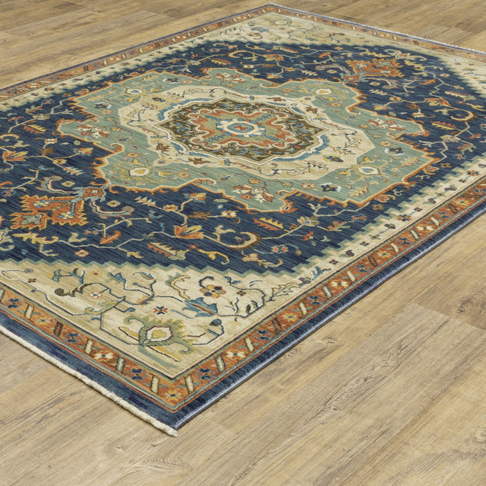 7' X 10' Oriental Area Rug With Fringe - Blue And Orange