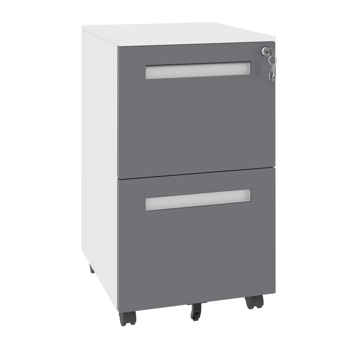 White Giga 2-drawer mobile filing cabinet with lock, on 360° wheels, holds A4, letter, and legal files.