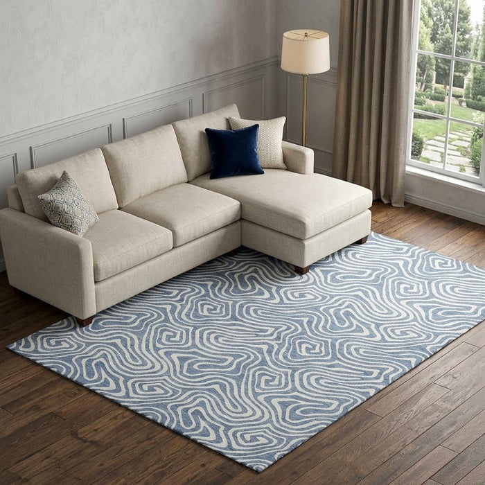 10' X 14' Abstract Washable Area Rug With UV Protection (680861) - Denim Blue / Ivory