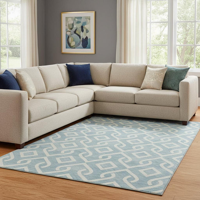 10' X 14' Geometric Washable Area Rug With UV Protection (652575) - Sky Blue / Ivory