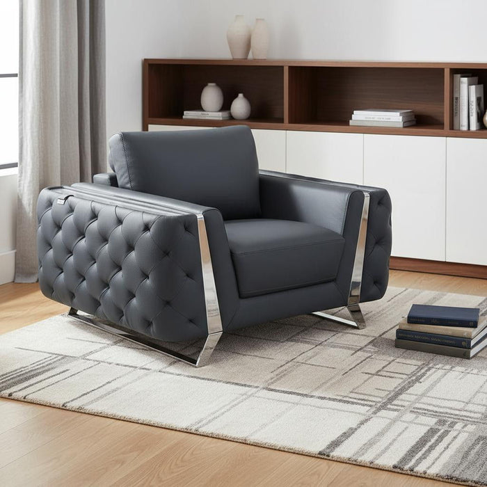 Faux Leather Tufted Arm Chair - Dark Gray And Silver