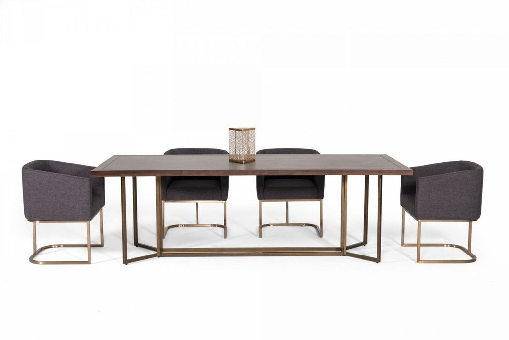 Solid Wood Trestle Base Dining Table - Brown / Brass