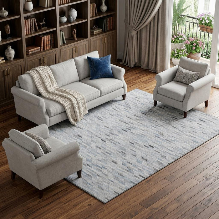 10' X 14' Geometric Washable Area Rug With UV Protection (696386) - Blue / Gray / Ivory
