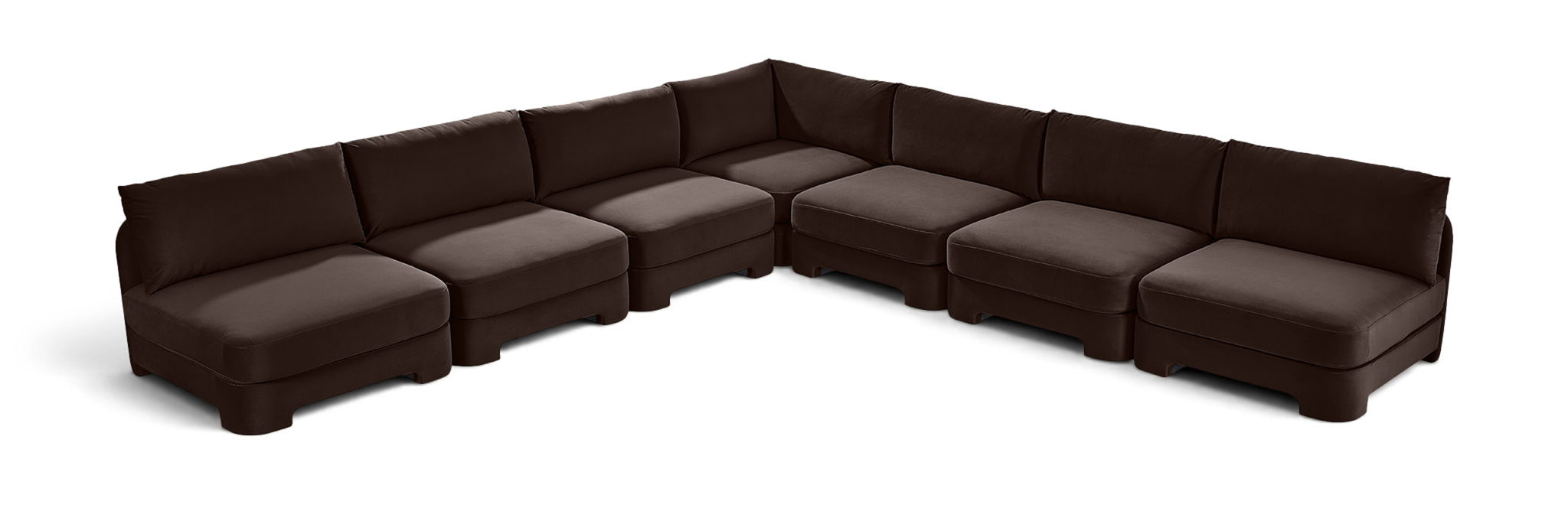 Velvet Meridian Furniture 7-piece armless sectional sofa with plush upholstery, perfect for modern living room decor.