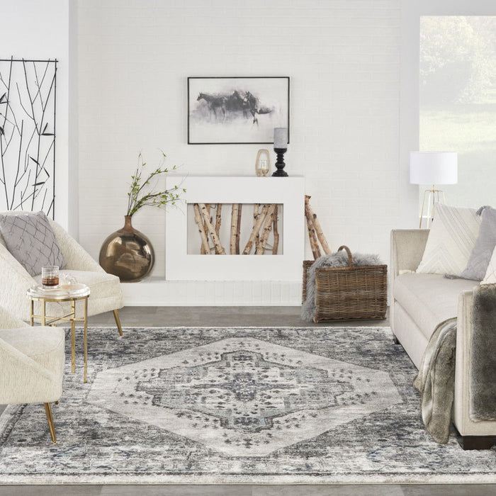 8' X 10' Floral Power Loom Distressed Area Rug - Gray