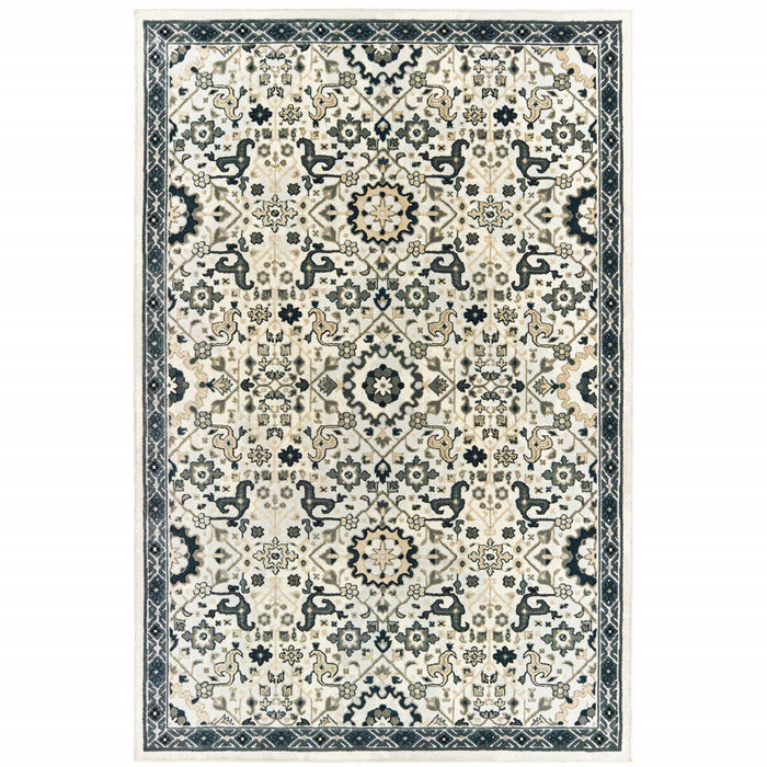 10' x 13' Oriental Power Loom Stain Resistant Area Rug - Ivory Navy And Gold