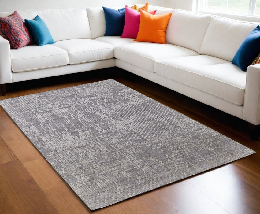 5' x 8' Abstract Hand Woven Worn Faded Wool Blend Area Rug - Gray And Silver
