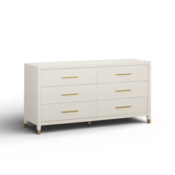 TOV Furniture Dani faux shagreen 6-drawer dresser in cream with sleek modern design and silver handles.