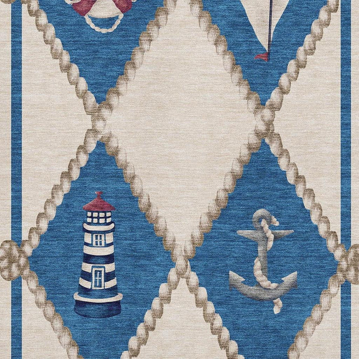 9' X 12' Nautical Washable Area Rug With UV Protection - Ivory And Red