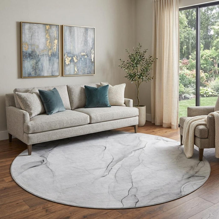 8' Abstract Washable Round Rug With UV Protection (647137) - Gray / Ivory